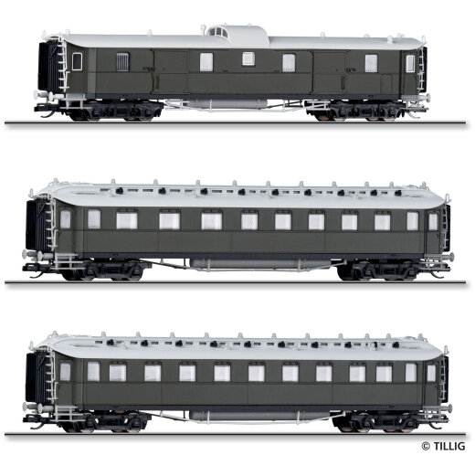 Tillig 01070 - TT Reisezugwagenset &bdquo;Preu&szlig;ischer Schnellzug&ldquo; der K.P.E.V., bestehend aus einem Packwagen, einem 2./3. Klasse Personenwagen und einem 3. Klasse Personenwagen, Teil 1, Ep. I -FORMNEUHEIT-