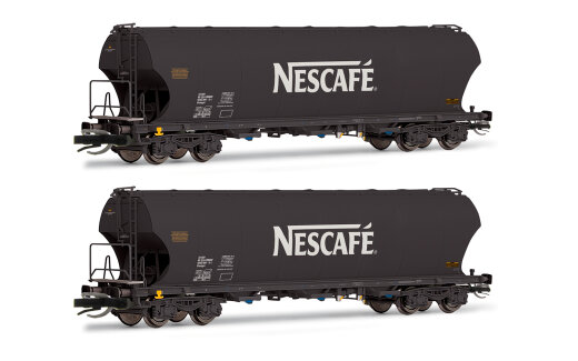 Arnold HN9750 - TT Ermewa, zweiteiliges Set vierachsiger Getreidesilowagen &bdquo;NESCAF&Eacute;&ldquo;, schwarz, Ep. VI