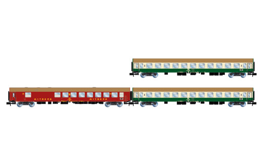 Arnold HN4436 - N 3-tlg. Set Reisezugwagen &bdquo;D242 Paris &ndash; Berlin &ndash; Warszawa&ldquo;, bestehend aus 1 x DR WRm130 in roter Farbgebung und 2 x DR Bm in gr&uuml;n-beiger Farbgebung, Ep. IV