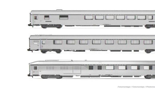 Arnold HN4500 - N SNCF, 3-tlg. Set TEE-Wagen &bdquo;Mistral&ldquo;, Nizza - Paris, bestehend aus 1 x Vru + 1 x A8tu + 1 x AD4tux, silberne Farbgebung, Ep. IV