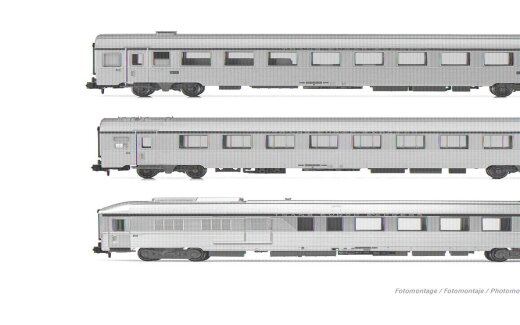 Arnold HN4501 - N SNCF, 3-tlg. Set TEE-Wagen &bdquo;Mistral&ldquo;, Nizza - Paris, bestehend aus 1 x Arux + 1 x A8u + 1 x AD4tux, silberne Farbgebung, Ep. IV