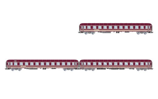 Rivarossi HR4417 - H0 Euro-Express, 3-tlg. Set Liegewagen, bestehend aus 1 x Bcm243, 1 x Bcm246 und 1 x Bvcmz, in violetter Farbgebung, Ep. V-VI