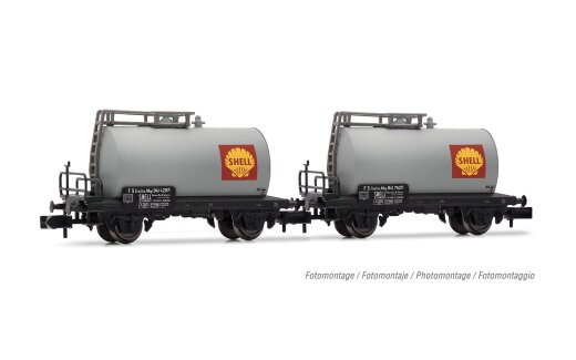 Arnold HN6701 - N FS, 2-tlg. Set 2-achs. Kesselwagen &bdquo;Shell&ldquo; in silberner Farbgebung, Ep. III-IV