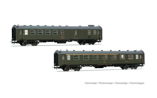 Electrotren HE4037 - H0 ENFE, 2-tlg. Set Reisezugwagen 5000, 1 x BBD4 Gep&auml;ckwagen + 1 x AAR Barwagen, mit Faltenb&auml;lgen, olivgr&uuml;ne Farbgebung, Ep. IV